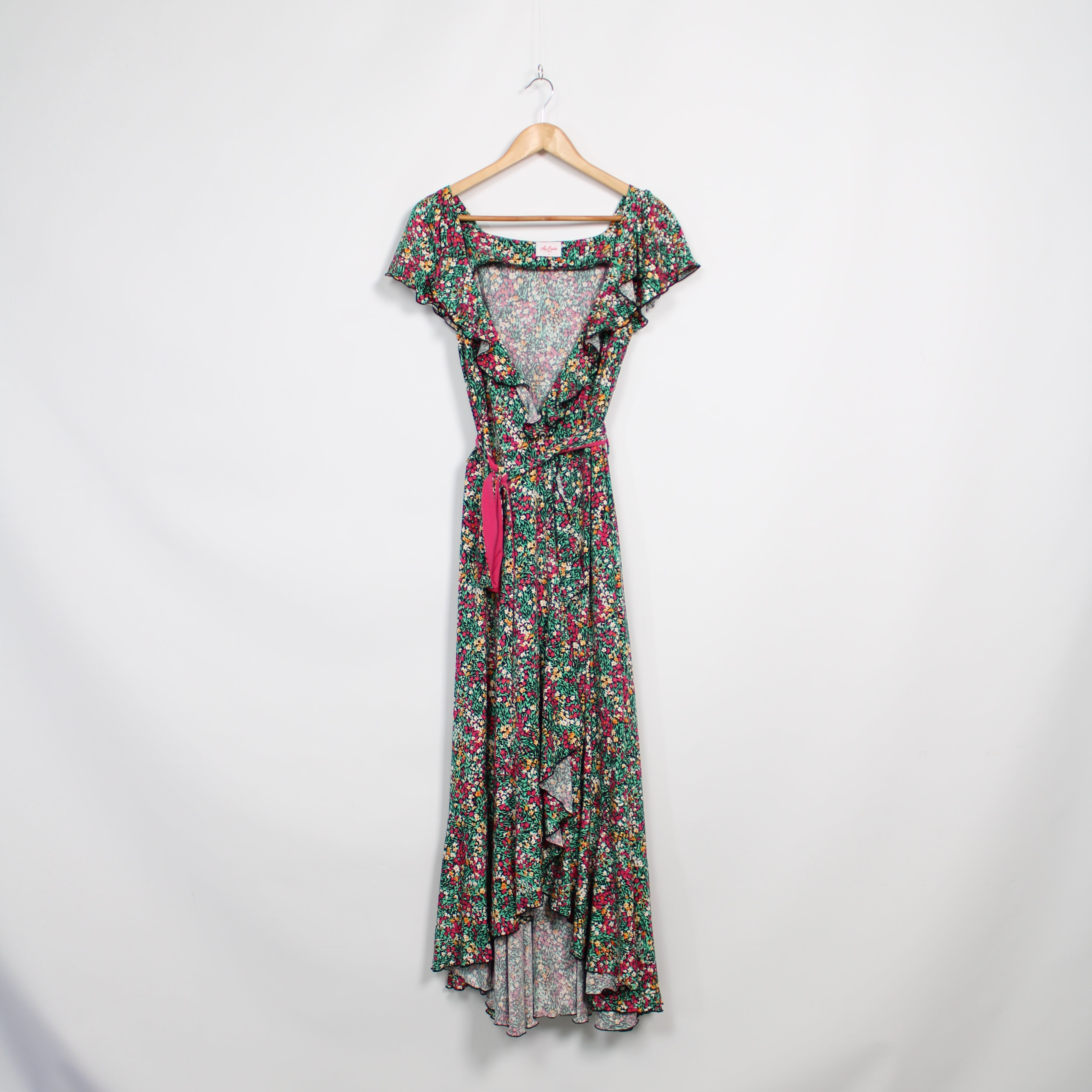 leona edmiston maxi dress Leona Edmiston Maxi Dress Women 12 Green Crossover Flared Sleeve Waist Tie **